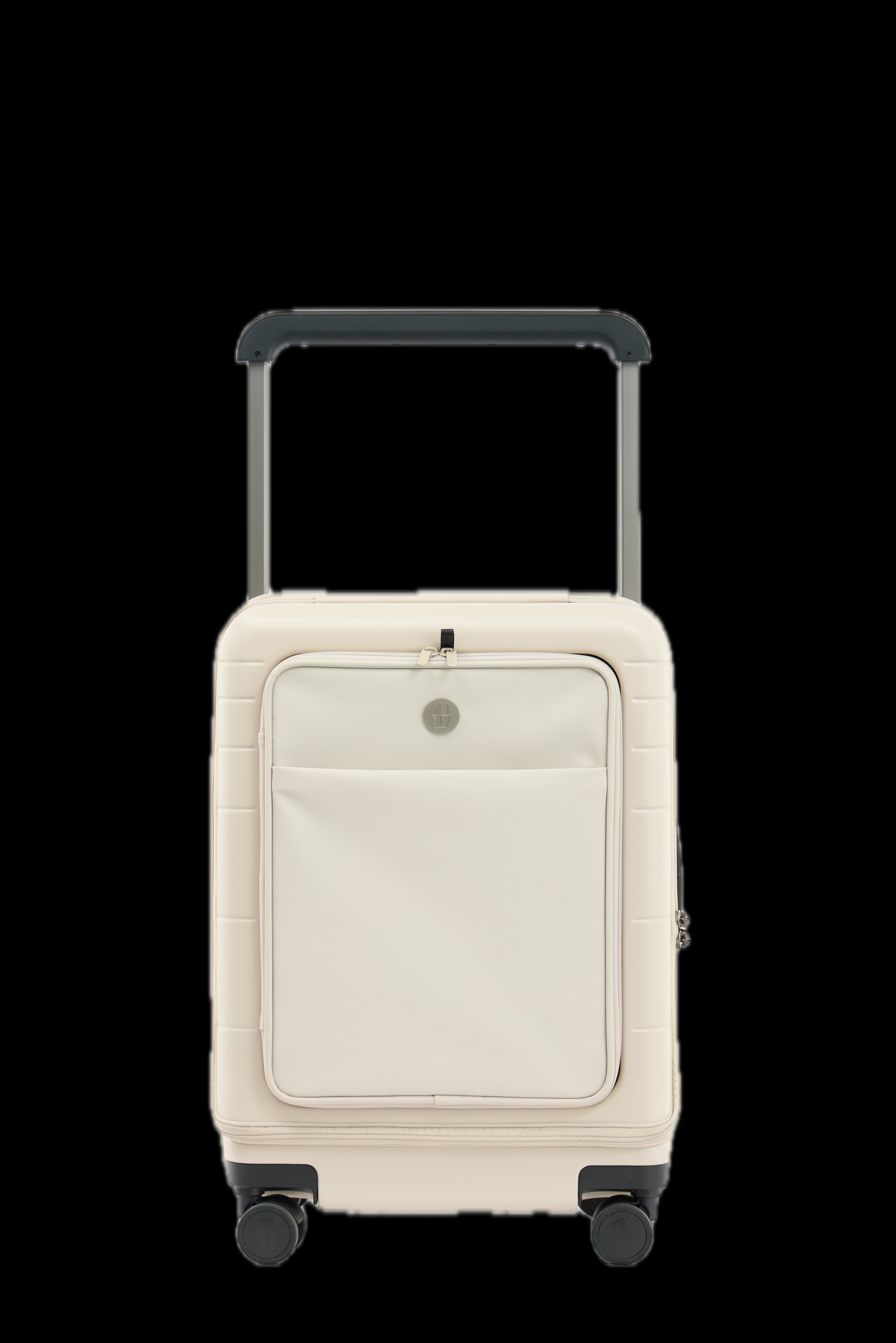 Oat-cream Vasy carry-on standing front-on with its telescopic handle extended.