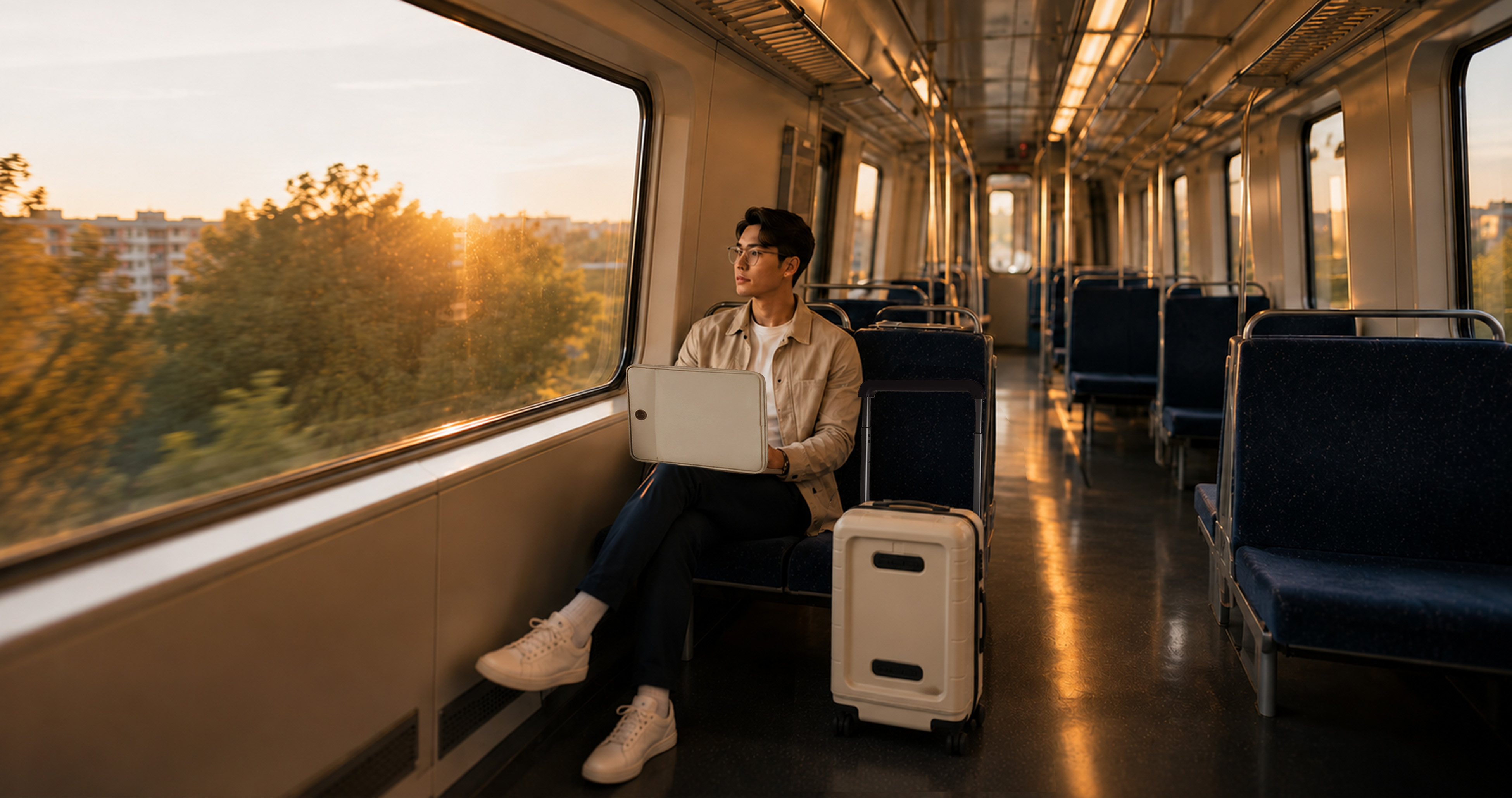 A traveler sits beside his Vasy carry-on as a train moves through warm evening light.