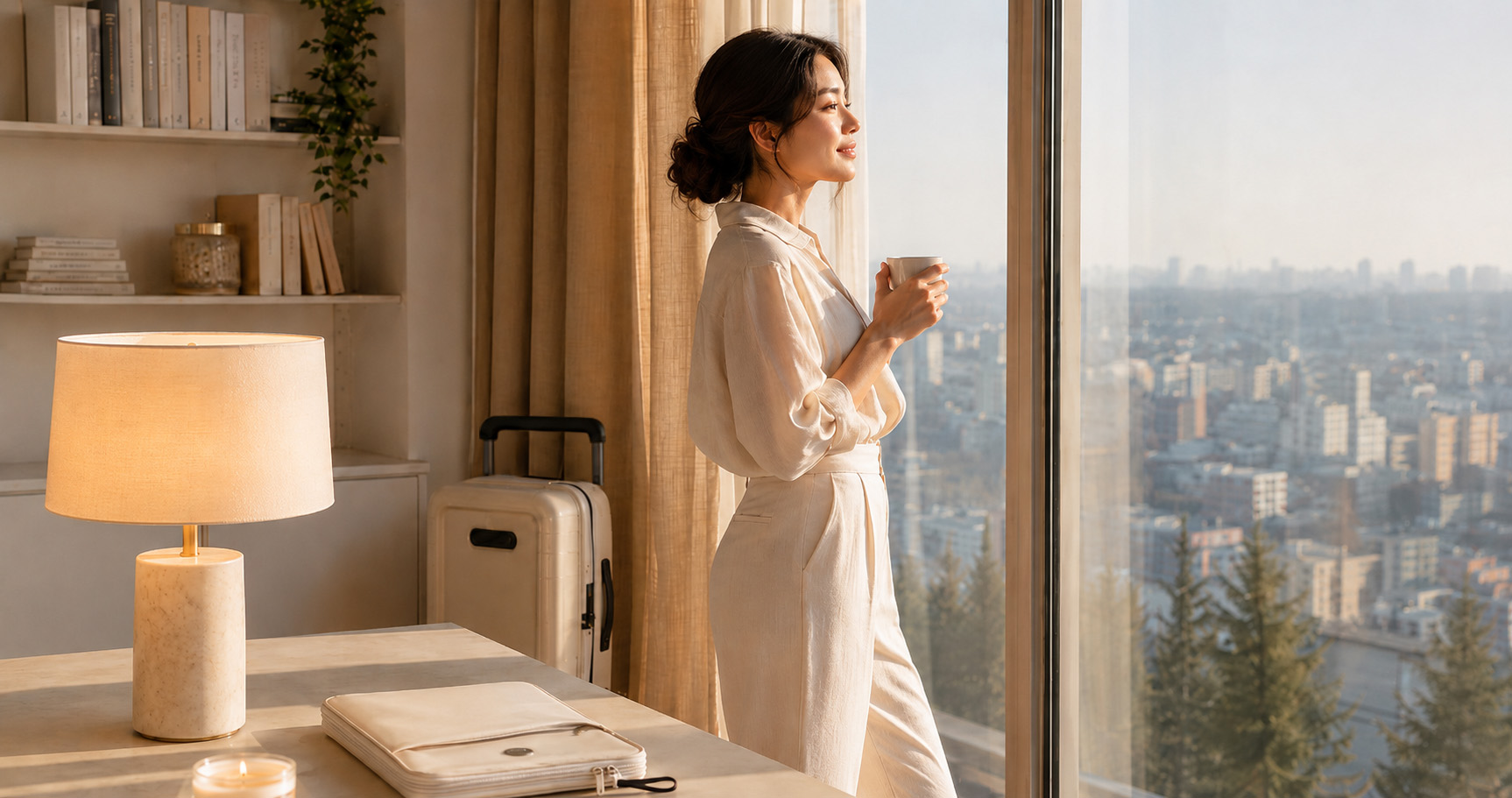 A traveler stands beside her Vasy carry-on and looks across the city from a sunlit apartment.