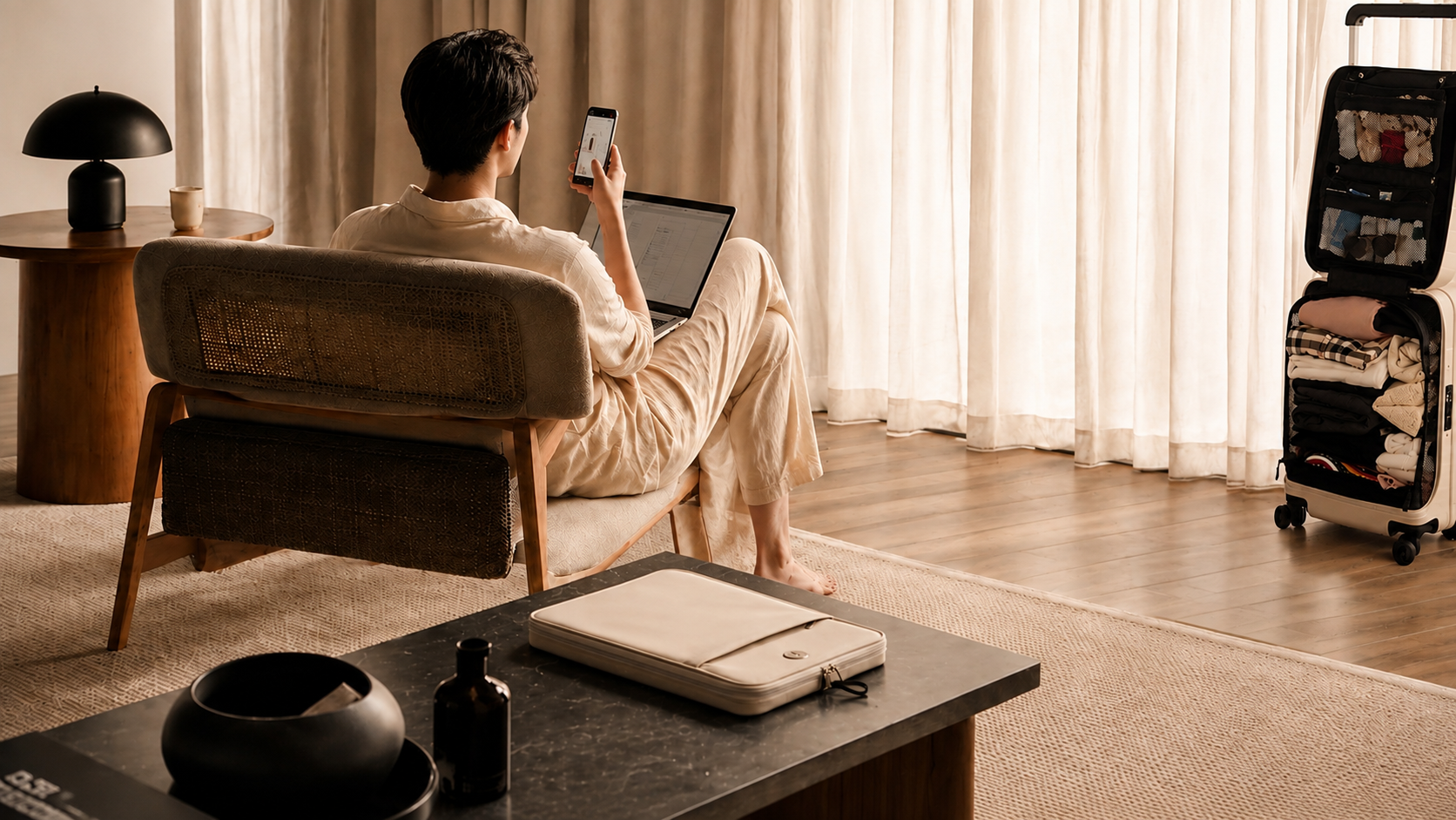 A traveler works from a lounge chair while an open Vasy carry-on keeps clothing organized.