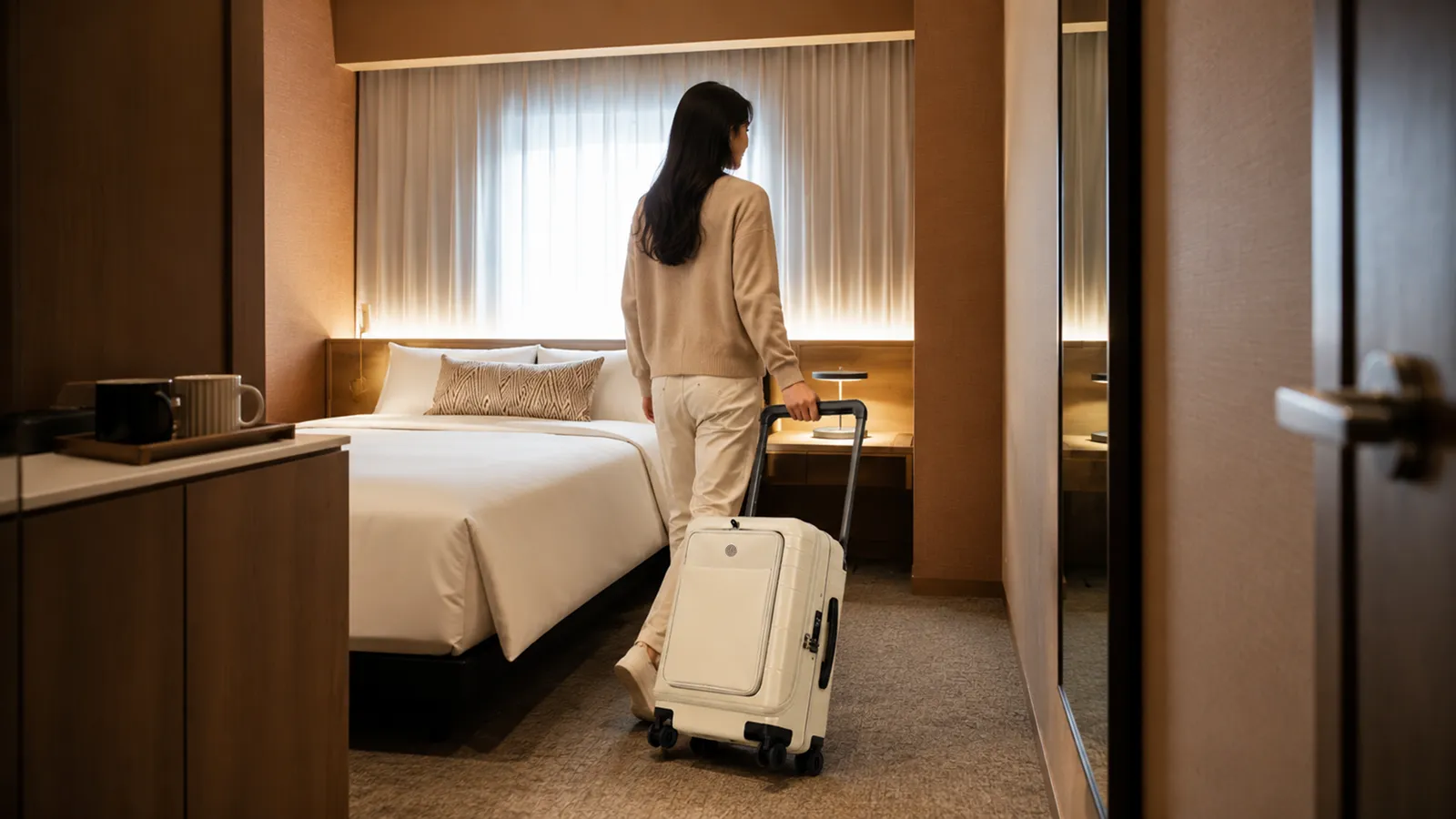 A traveller wheeling the Vasy carry-on into a warm hotel room at the end of a journey.