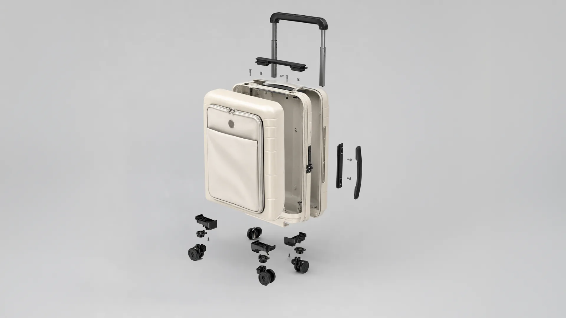 Exploded view of the Vasy carry-on: front pocket, vertical-opening shell, telescopic handle, side handle and wheel assemblies.